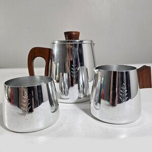 VTG Sona Ware MCM Polished Aluminum Wood Coffee/Tea Sugar Creamer Set England